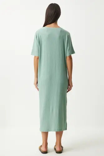 Kadın Çağla Yeşili Bol Uzun Günlük Örme Elbise DZ00076-Çağla Yeşili - 7