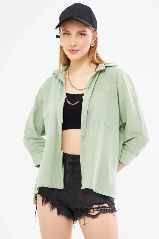 Kadın Çağla Yeşili Cepli Salaş Keten Gömlek ARM-21Y001035-Çağla Yeşili - 1