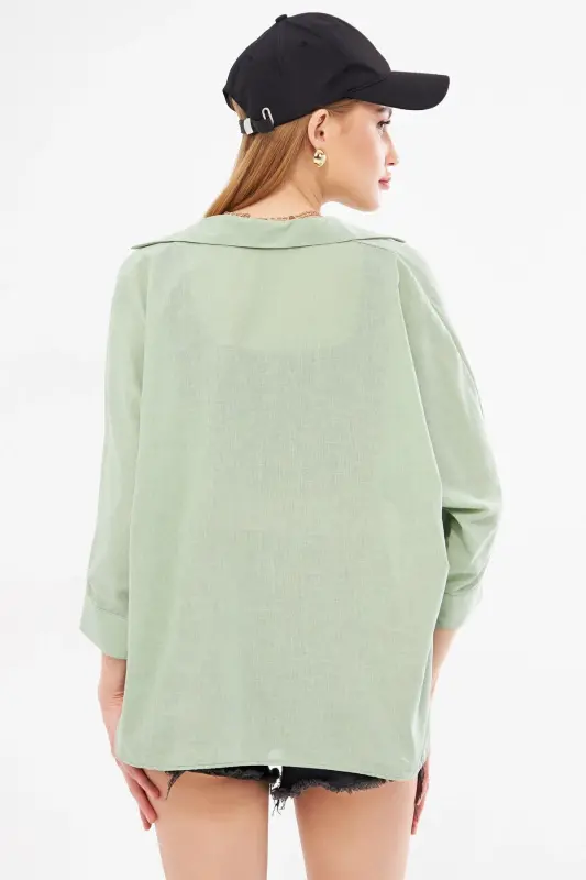 Kadın Çağla Yeşili Cepli Salaş Keten Gömlek ARM-21Y001035-Çağla Yeşili - 5