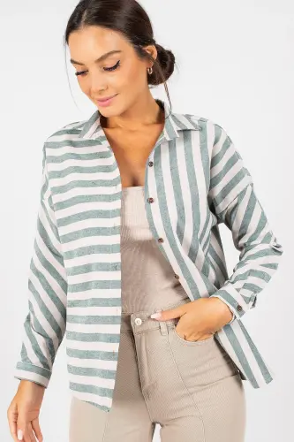 Kadın Çağla Yeşili Çizgili Salaş Gömlek Arm-21k001034 Arm-21k001034-ÇAĞLA YEŞİLİ - 1