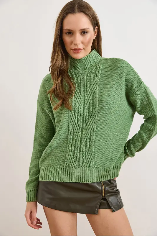 Kadın Çağla Yeşili Dik Yaka Ortası Saç Örgülü Triko Kazak KZK-19000912-Çağla Yeşili - 2