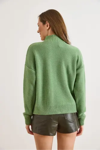 Kadın Çağla Yeşili Dik Yaka Ortası Saç Örgülü Triko Kazak KZK-19000912-Çağla Yeşili - 3