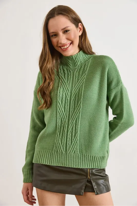 Kadın Çağla Yeşili Dik Yaka Ortası Saç Örgülü Triko Kazak KZK-19000912-Çağla Yeşili - 4