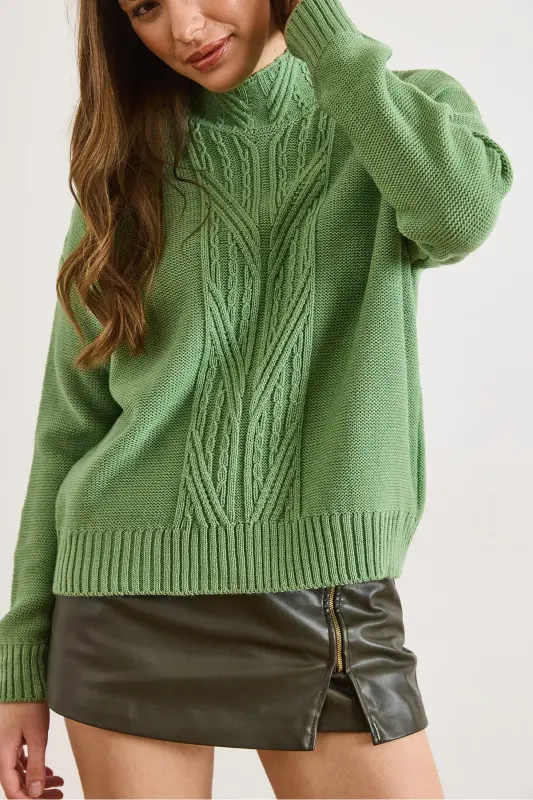 Kadın Çağla Yeşili Dik Yaka Ortası Saç Örgülü Triko Kazak KZK-19000912-Çağla Yeşili - 5