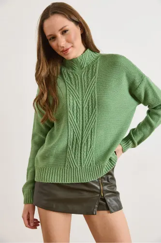 Kadın Çağla Yeşili Dik Yaka Ortası Saç Örgülü Triko Kazak KZK-19000912-Çağla Yeşili - 6