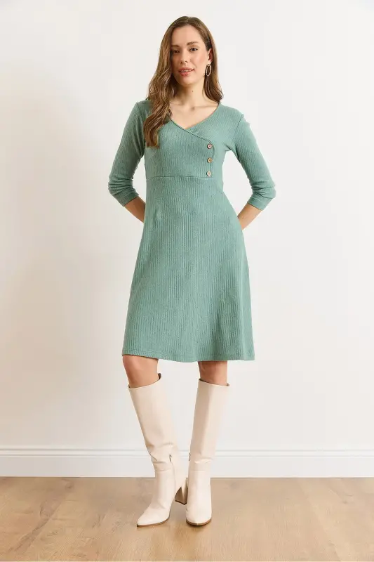 Kadın Çağla Yeşili Düğme Detaylı Kruvaze Midi Çan Elbise ELB-19002031-Çağla Yeşili - 2