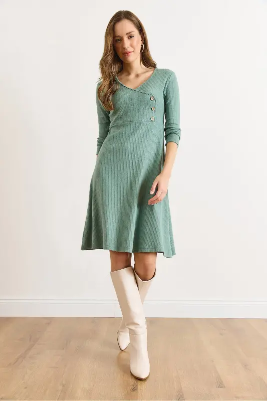 Kadın Çağla Yeşili Düğme Detaylı Kruvaze Midi Çan Elbise ELB-19002031-Çağla Yeşili - 3