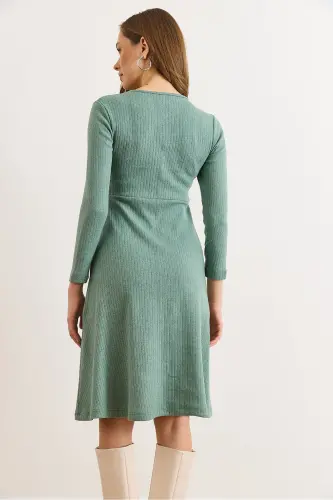 Kadın Çağla Yeşili Düğme Detaylı Kruvaze Midi Çan Elbise ELB-19002031-Çağla Yeşili - 4