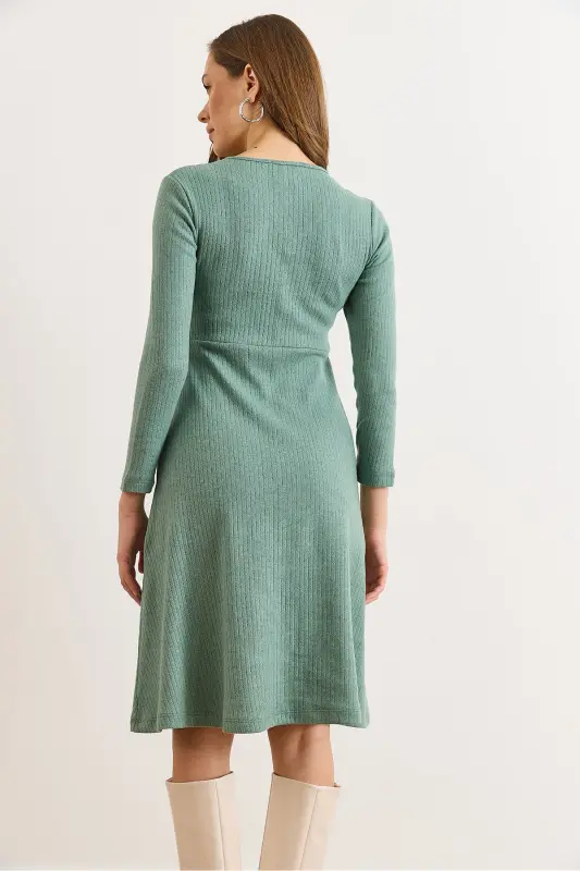 Kadın Çağla Yeşili Düğme Detaylı Kruvaze Midi Çan Elbise ELB-19002031-Çağla Yeşili - 4