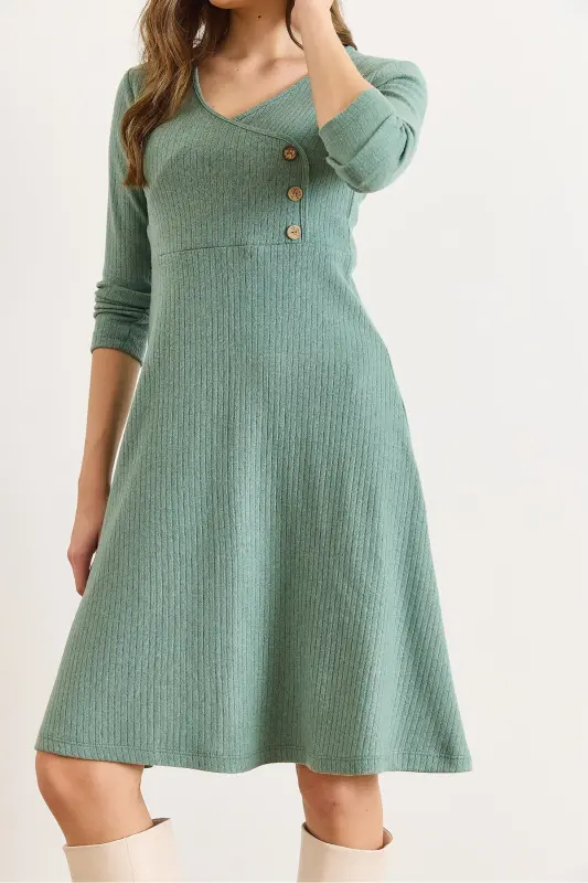 Kadın Çağla Yeşili Düğme Detaylı Kruvaze Midi Çan Elbise ELB-19002031-Çağla Yeşili - 5