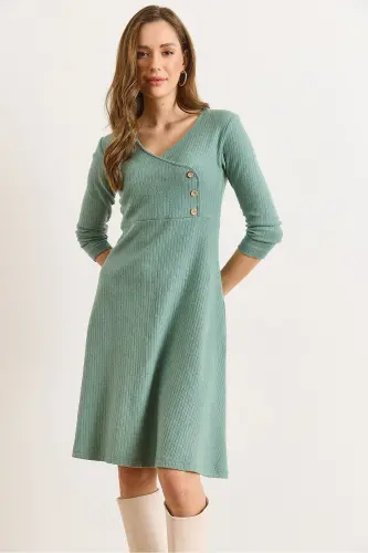 Kadın Çağla Yeşili Düğme Detaylı Kruvaze Midi Çan Elbise ELB-19002031-Çağla Yeşili - 6