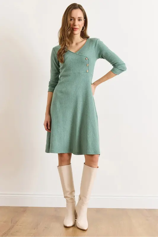 Kadın Çağla Yeşili Düğme Detaylı Kruvaze Midi Çan Elbise ELB-19002031-Çağla Yeşili - 1