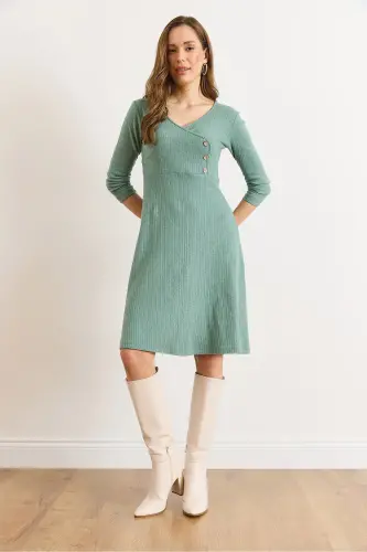 Kadın Çağla Yeşili Düğme Detaylı Kruvaze Midi Çan Elbise ELB-19002031-Çağla Yeşili - 2