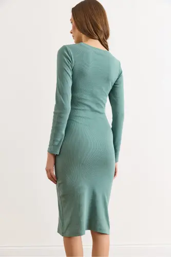 Kadın Çağla Yeşili Düğme Detaylı Yırtmaçlı Midi Esnek Elbise ELB-19002256-Çağla Yeşili - 3