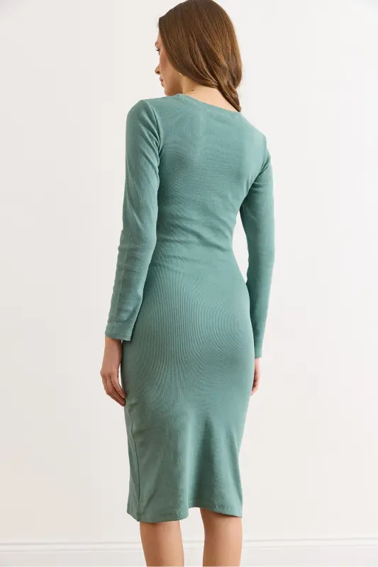 Kadın Çağla Yeşili Düğme Detaylı Yırtmaçlı Midi Esnek Elbise ELB-19002256-Çağla Yeşili - 3