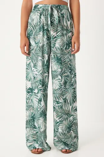 Kadın Çağla Yeşili Ekru Desenli Dökümlü Viskon Palazzo Pantolon EN00606-Çağla Yeşili Ekru - 4