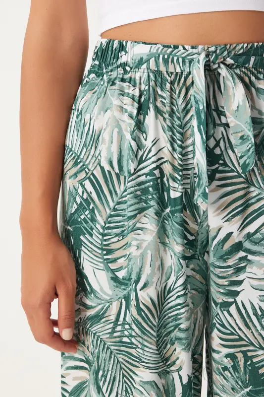 Kadın Çağla Yeşili Ekru Desenli Dökümlü Viskon Palazzo Pantolon EN00606-Çağla Yeşili Ekru - 5