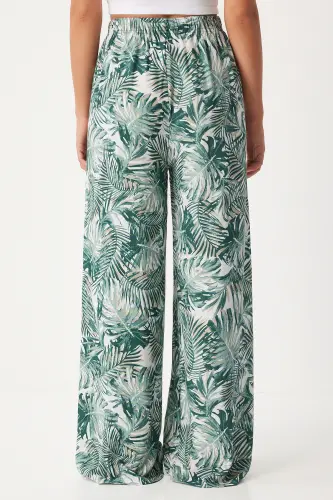 Kadın Çağla Yeşili Ekru Desenli Dökümlü Viskon Palazzo Pantolon EN00606-Çağla Yeşili Ekru - 6