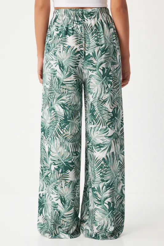 Kadın Çağla Yeşili Ekru Desenli Dökümlü Viskon Palazzo Pantolon EN00606-Çağla Yeşili Ekru - 6