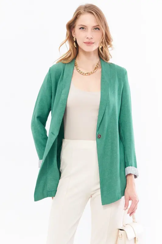 Kadın Çağla Yeşili Kol İçi Çizgili Tek Düğmeli Ceket ARM-22K001122-Çağla Yeşili - 3