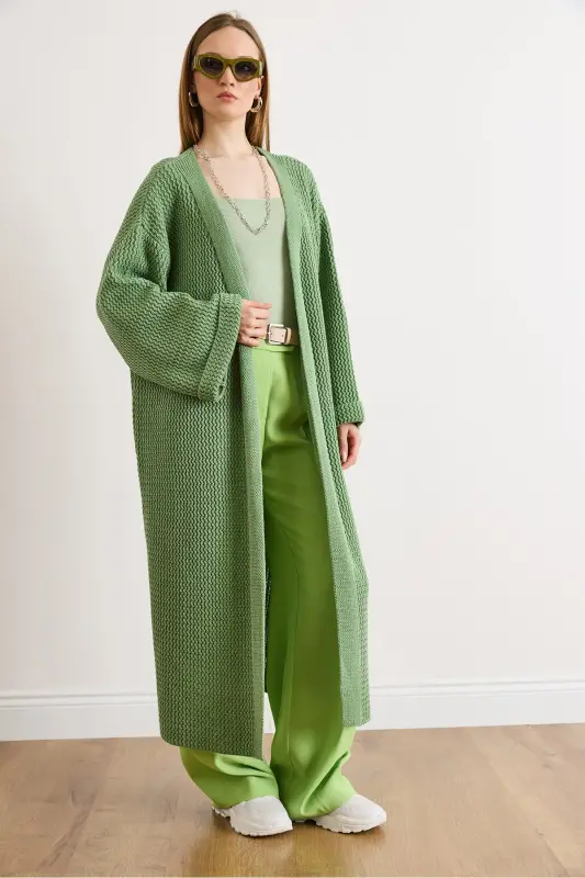 Kadın Çağla Yeşili Manşeti Katlamalı Maxi Triko Hırka HRK-19000297-Çağla Yeşili - 2