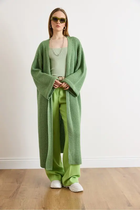 Kadın Çağla Yeşili Manşeti Katlamalı Maxi Triko Hırka HRK-19000297-Çağla Yeşili - 4