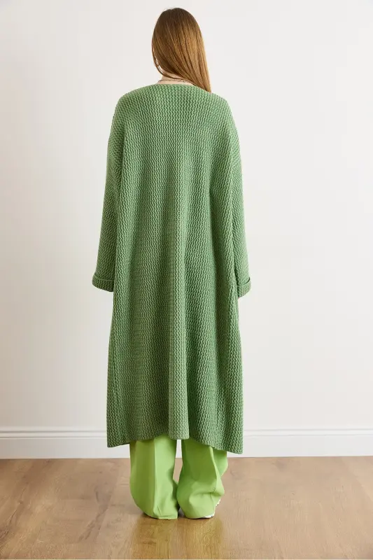 Kadın Çağla Yeşili Manşeti Katlamalı Maxi Triko Hırka HRK-19000297-Çağla Yeşili - 6