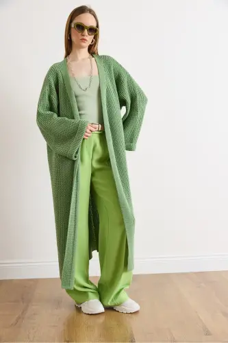 Kadın Çağla Yeşili Manşeti Katlamalı Maxi Triko Hırka HRK-19000297-Çağla Yeşili - 3