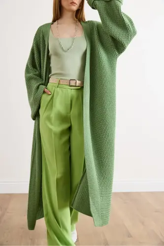 Kadın Çağla Yeşili Manşeti Katlamalı Maxi Triko Hırka HRK-19000297-Çağla Yeşili - 5