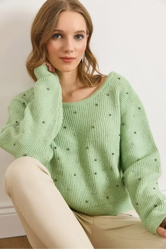 Kadın Çağla Yeşili Ön Arka Havuz Yaka İnci Taş Detaylı Triko Kazak KZK-19000879-Çağla Yeşili - 2