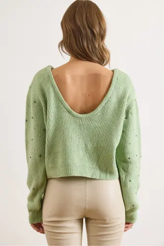 Kadın Çağla Yeşili Ön Arka Havuz Yaka İnci Taş Detaylı Triko Kazak KZK-19000879-Çağla Yeşili - 3