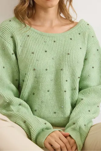 Kadın Çağla Yeşili Ön Arka Havuz Yaka İnci Taş Detaylı Triko Kazak KZK-19000879-Çağla Yeşili - 4