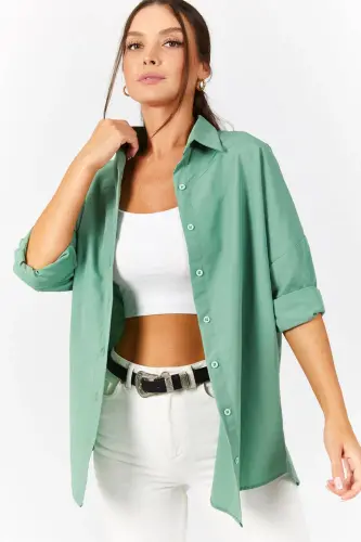 Kadın Çağla Yeşili Oversize Uzun Basic Gömlek Arm-22Y001118-ÇAĞLA YEŞİLİ - ARMONIKA (1)