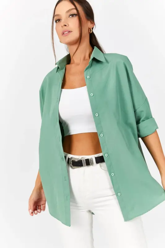 Kadın Çağla Yeşili Oversize Uzun Basic Gömlek Arm-22Y001118-ÇAĞLA YEŞİLİ - 1