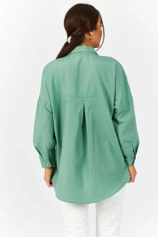 Kadın Çağla Yeşili Oversize Uzun Basic Gömlek Arm-22Y001118-ÇAĞLA YEŞİLİ - 4
