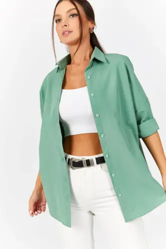 Kadın Çağla Yeşili Oversize Uzun Basic Gömlek Arm-22Y001118 - ÇAĞLA YEŞİLİ - 1