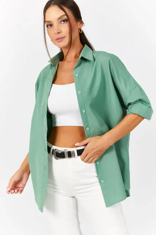 Kadın Çağla Yeşili Oversize Uzun Basic Gömlek Arm-22Y001118-ÇAĞLA YEŞİLİ - 3