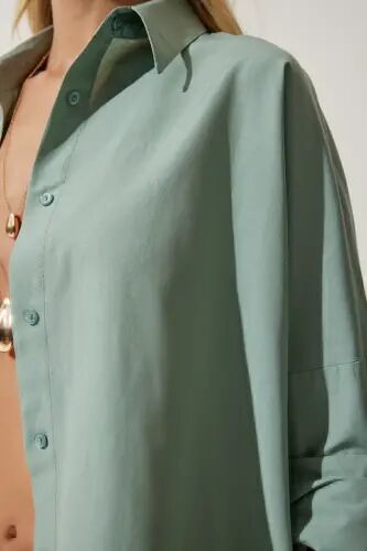 Kadın Çağla Yeşili Oversize Uzun Basic Gömlek DD00842-Çağla Yeşili - 5