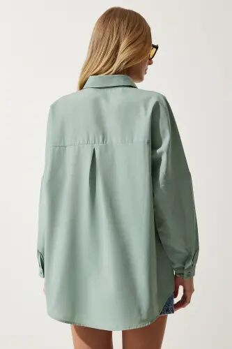 Kadın Çağla Yeşili Oversize Uzun Basic Gömlek DD00842-Çağla Yeşili - 6