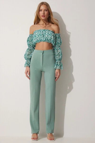 Kadın Çağla Yeşili Yüksek Bel Likralı Rahat Örme Pantolon RV00090-Çağla Yeşili - 4