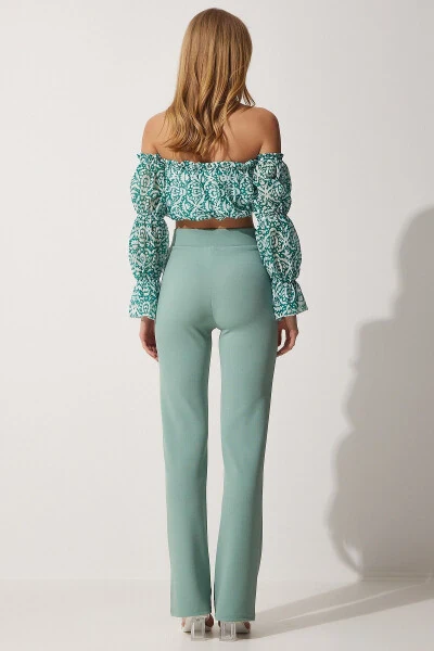 Kadın Çağla Yeşili Yüksek Bel Likralı Rahat Örme Pantolon RV00090-Çağla Yeşili - 6