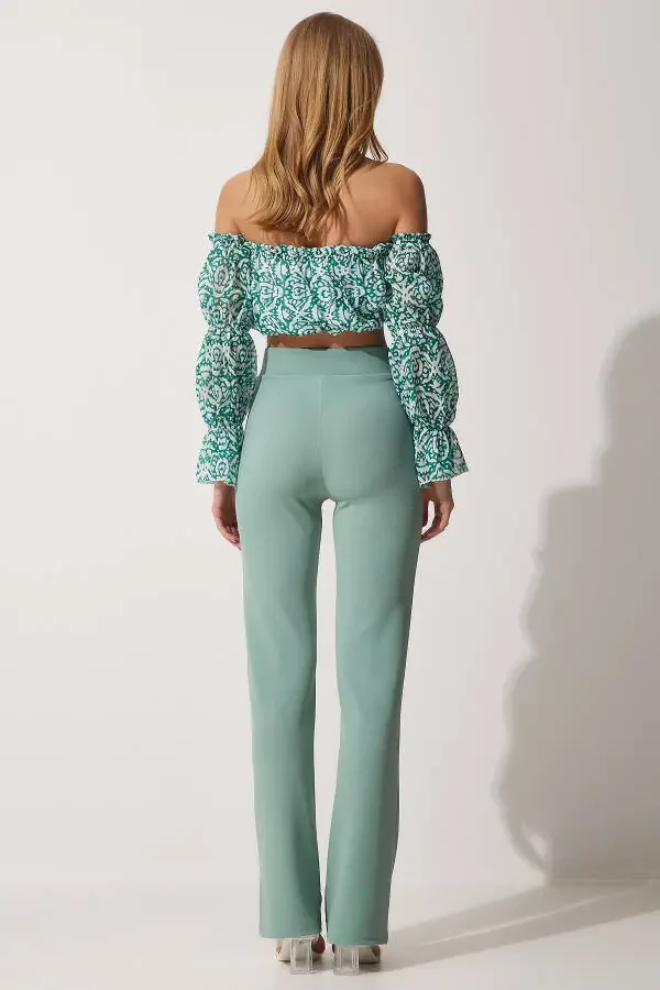 Kadın Çağla Yeşili Yüksek Bel Likralı Rahat Örme Pantolon RV00090-Çağla Yeşili - 6