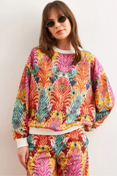 Kadın Çam Çok Renkli Basic Yumuşak Dokulu Salaş Sweatshirt SWT-19000457-Çam Çok Renkli - 1