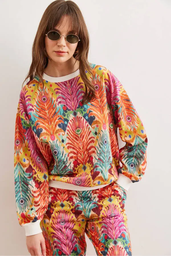 Kadın Çam Çok Renkli Basic Yumuşak Dokulu Salaş Sweatshirt SWT-19000457-Çam Çok Renkli - 3