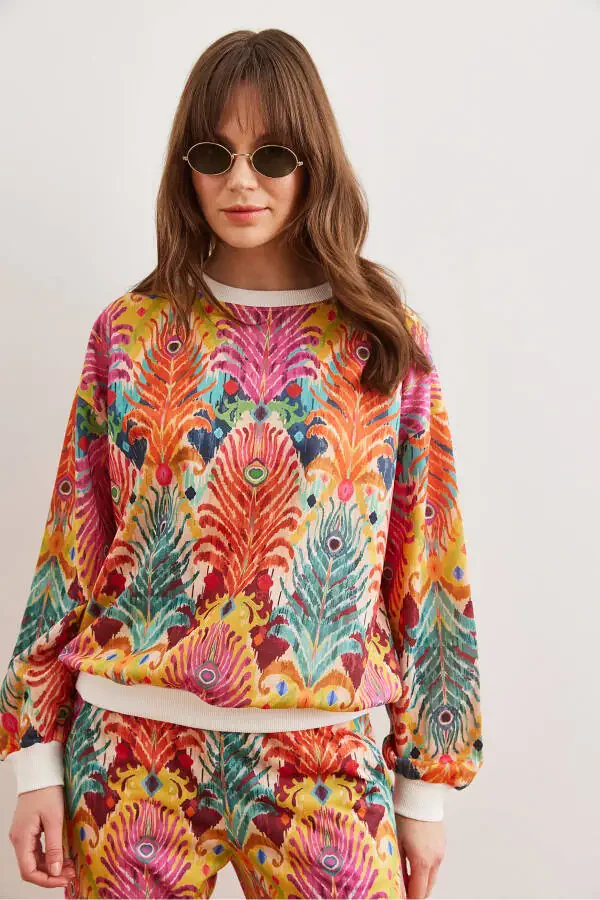 Kadın Çam Çok Renkli Basic Yumuşak Dokulu Salaş Sweatshirt SWT-19000457-Çam Çok Renkli - 4