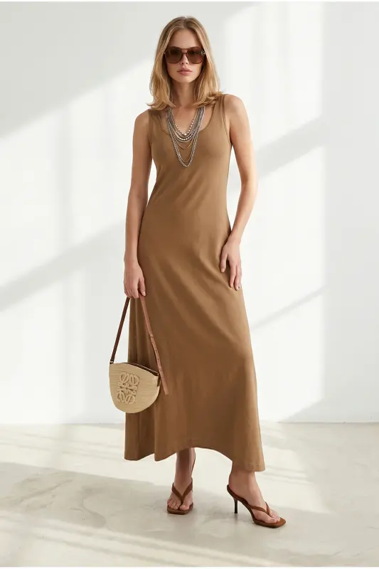 Kadın Camel Askılı Midi Pamuk Çan Elbise ELB-19002444 - Camel - 1