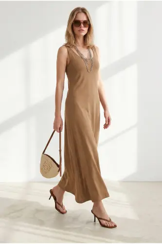 Kadın Camel Askılı Midi Pamuk Çan Elbise ELB-19002444 - Camel - 3