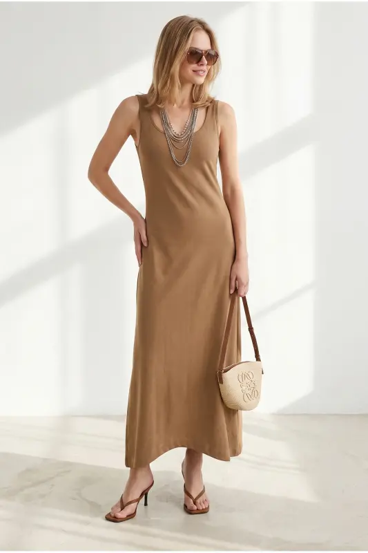 Kadın Camel Askılı Midi Pamuk Çan Elbise ELB-19002444 - Camel - 4