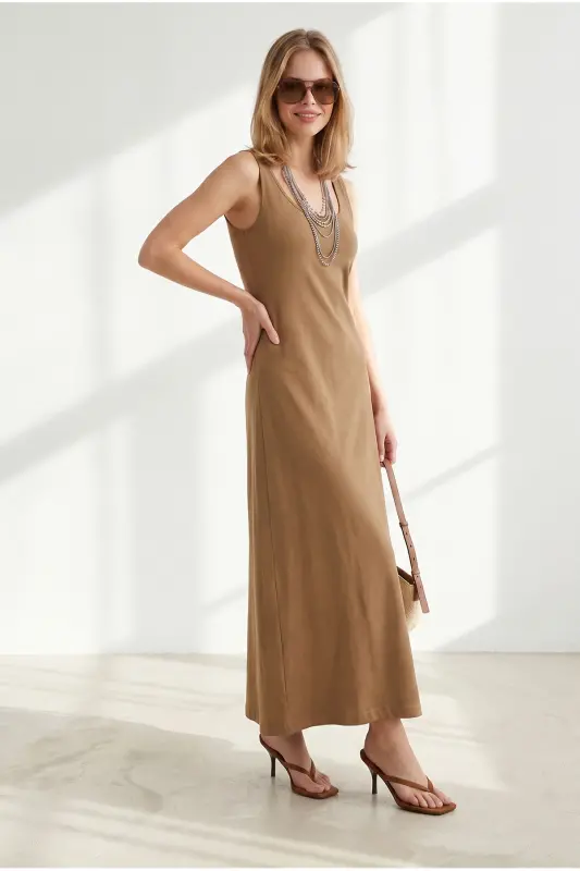 Kadın Camel Askılı Midi Pamuk Çan Elbise ELB-19002444 - Camel - 5
