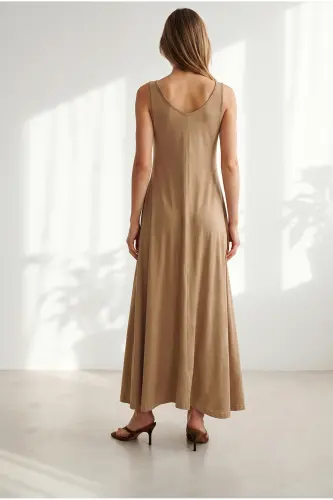 Kadın Camel Askılı Midi Pamuk Çan Elbise ELB-19002444 - Camel - 6